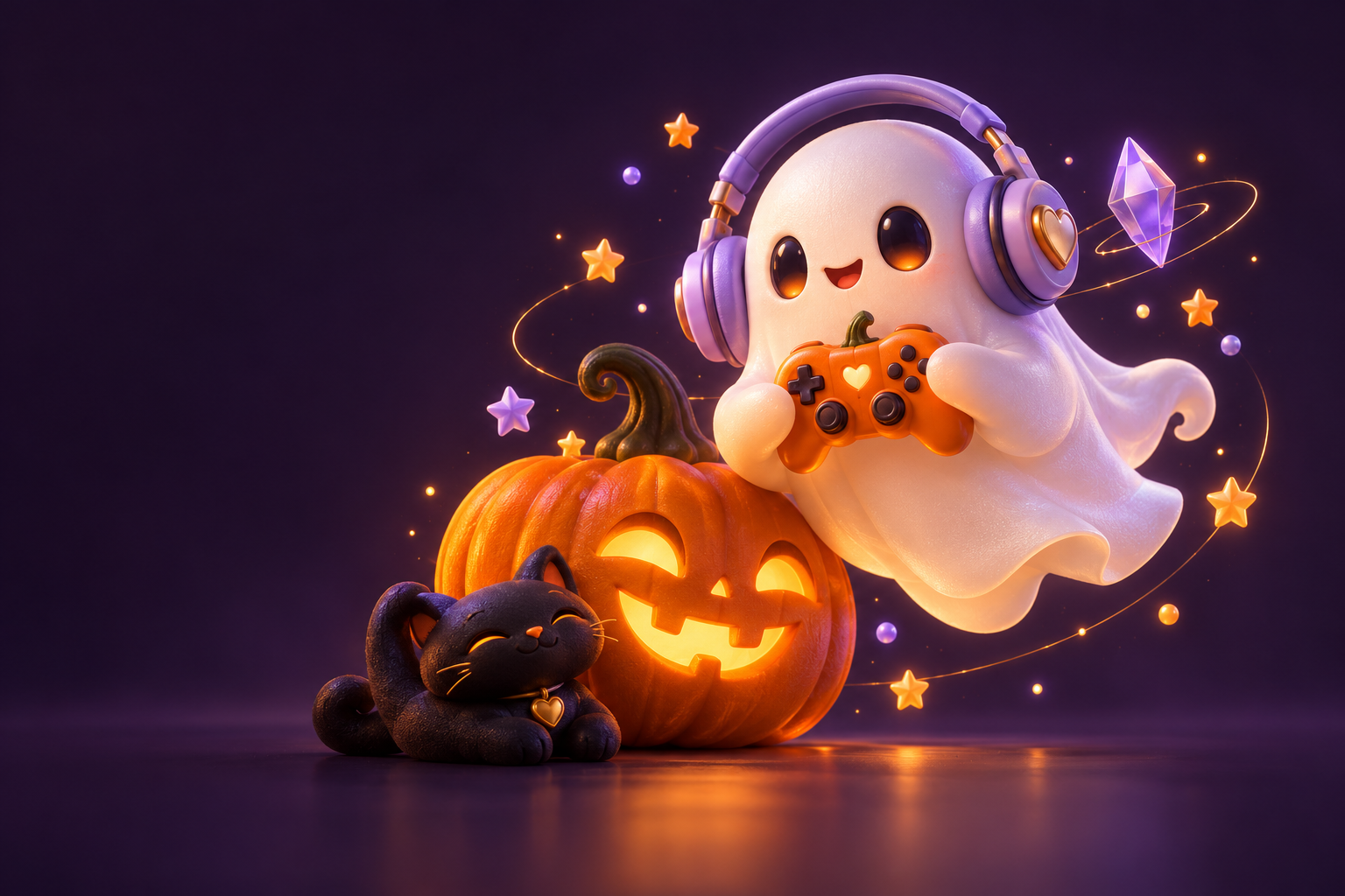 A friendly headphone-wearing ghost, pumpkin controller, jack-o-lantern and black cat in a cozy Halloween world